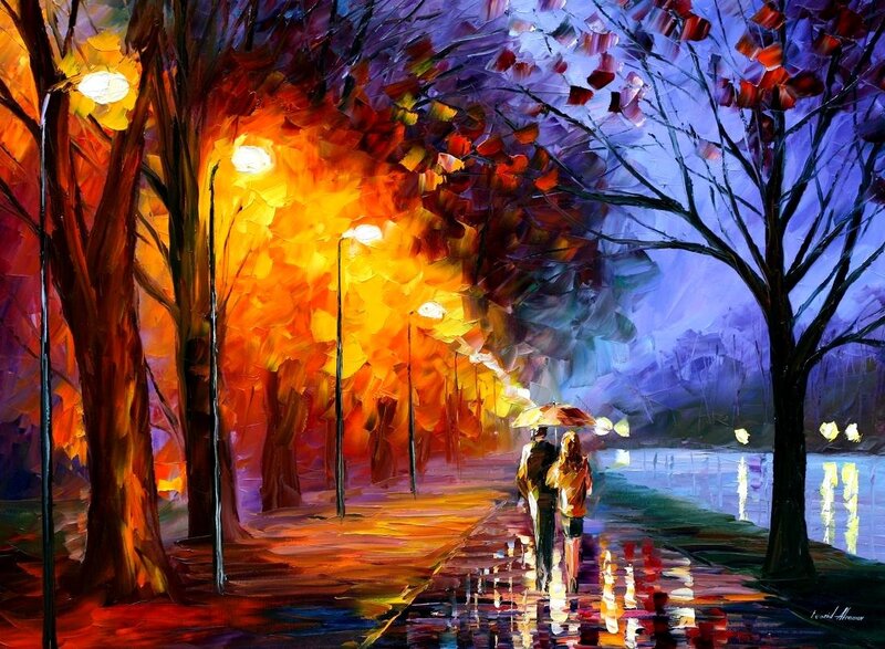 Couple Walking in Rain — Orange, Dramatic, Night