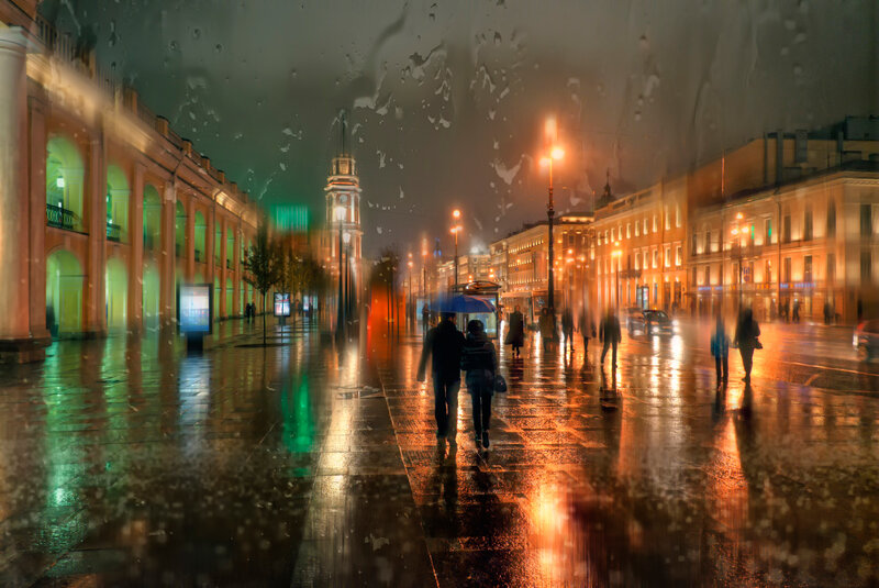 Couple Walking in Rain — Orange, Dramatic