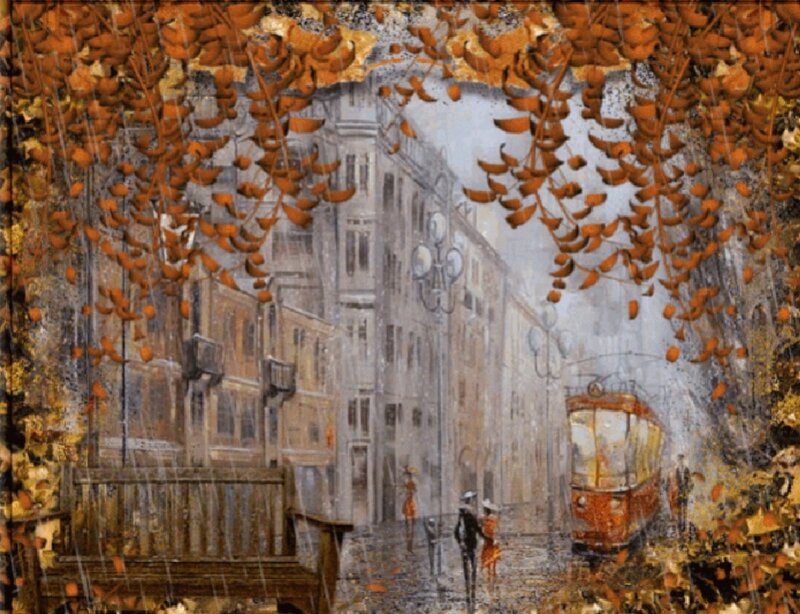Couple Walking in Rain — Orange, Melancholic