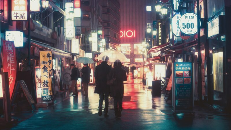 Couple Walking in Rain — Red, Dramatic