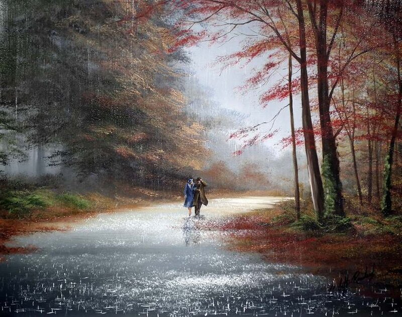 Couple Walking in Rain — Red