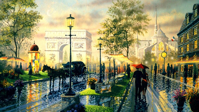 Couple Walking in Rain — Yellow, Romantic, Night, Painting, Arc De Triomphe