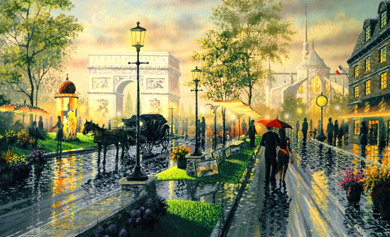 Couple Walking in Rain — Yellow, Romantic, Night