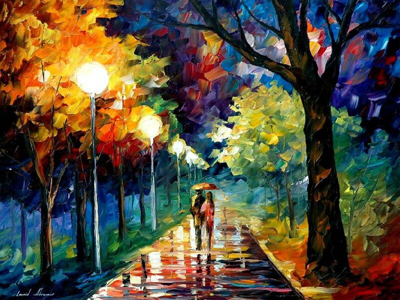 Couple Walking in Rain — Yellow, Romantic