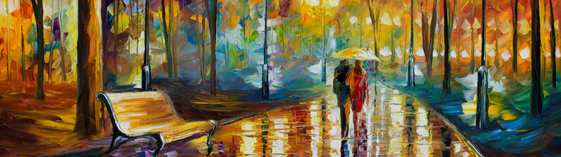 Couple Walking in Rain — Yellow, Serene, Autumn, Painting