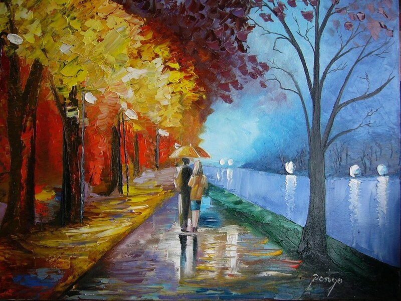 Couple Walking in Rain — Yellow, Serene