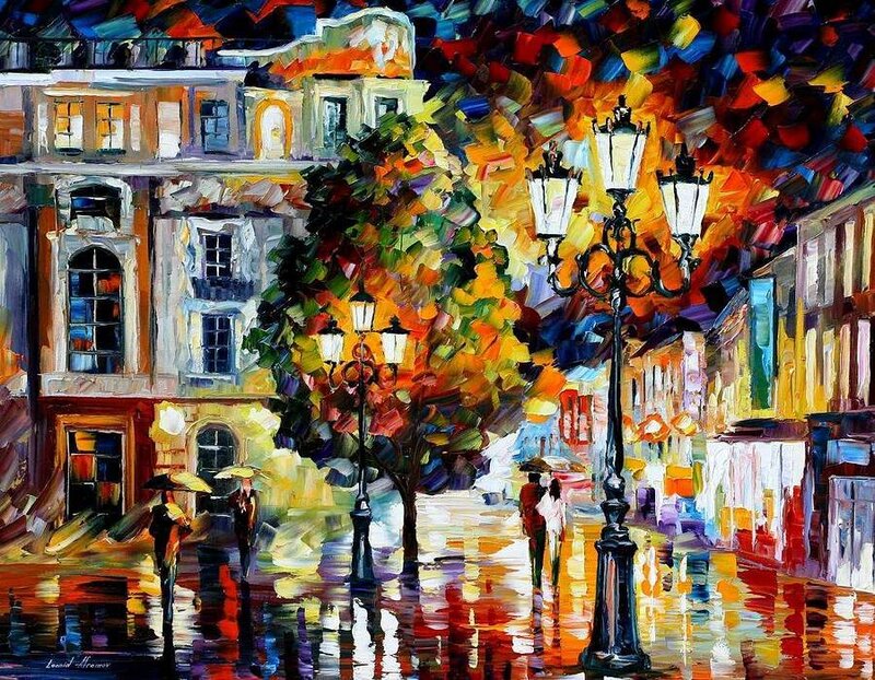 Couple Walking in Rain — Yellow, Vibrant