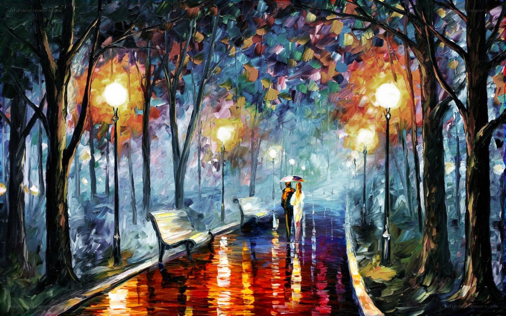 Couple walking in rainy park