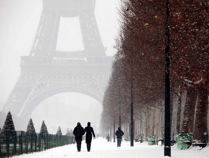 Couple Walking in Snow — White, Cold, Winter, Photograph, Eiffel Tower