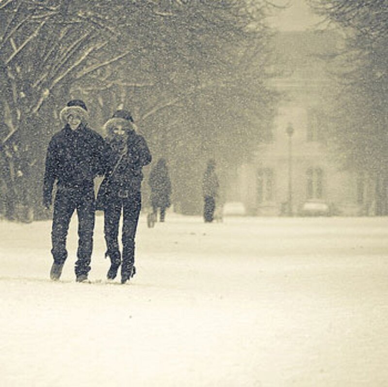 Couple Walking in Snow — White, Cold, Winter, Photograph