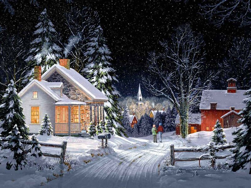 Couple Walking in Snow — White, Serene, Night, Illustration