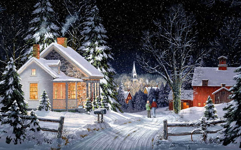 Couple Walking in Snow — White, Serene, Night, Painting, House