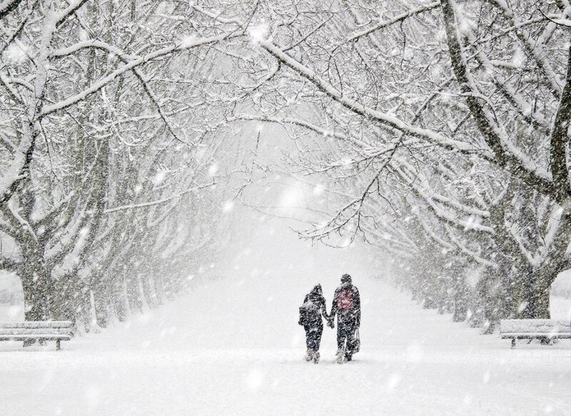 Couple Walking in Snow — White