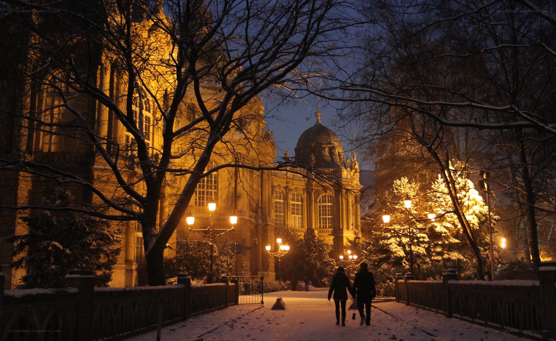 Couple walking in snowy evening