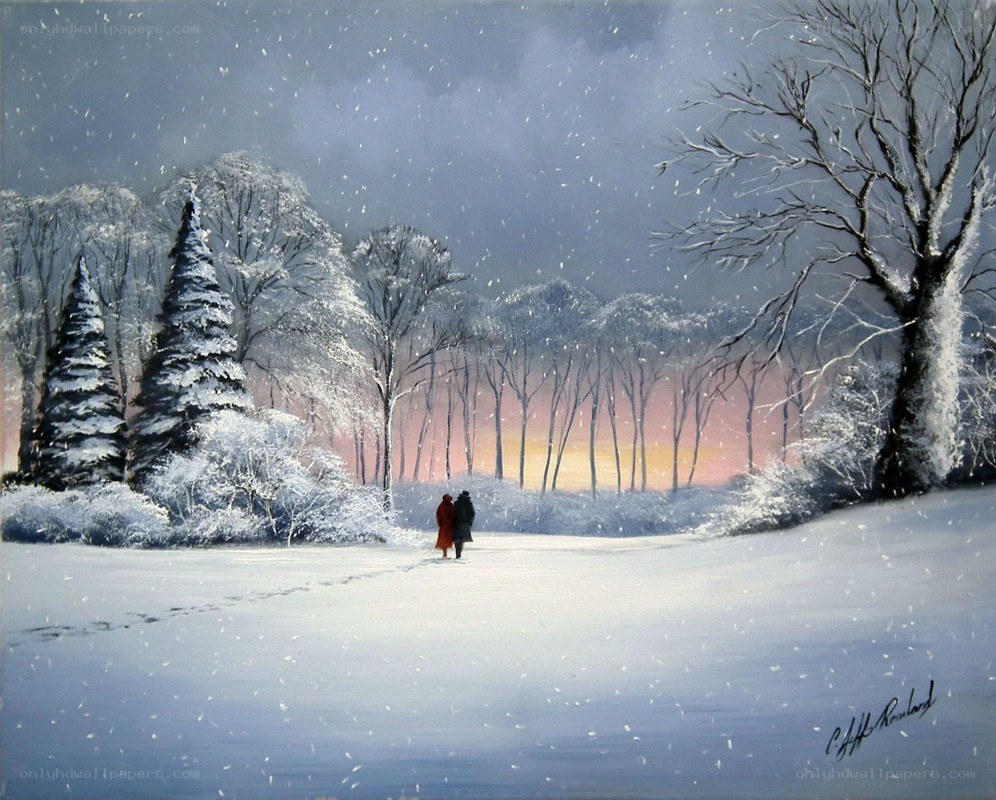 Couple walking in snowy forest