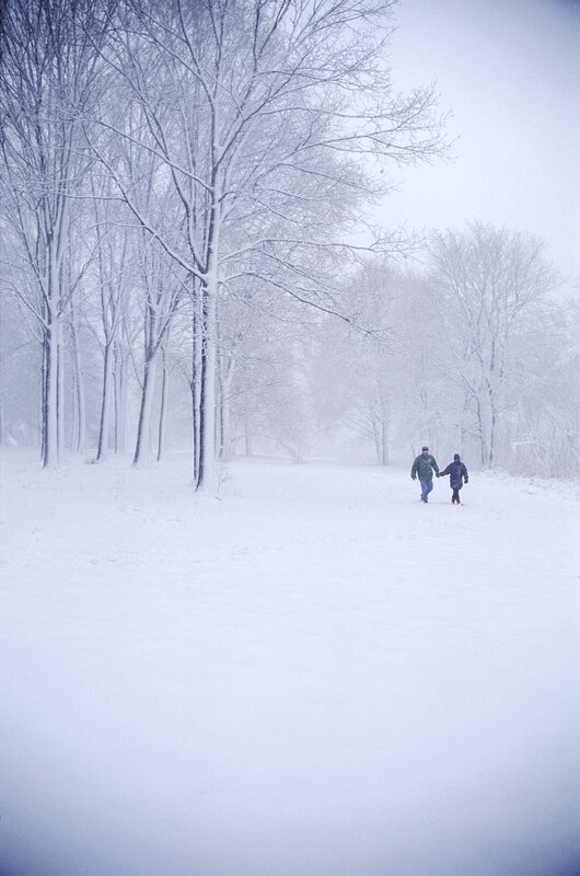 Couple walking in snowy forest