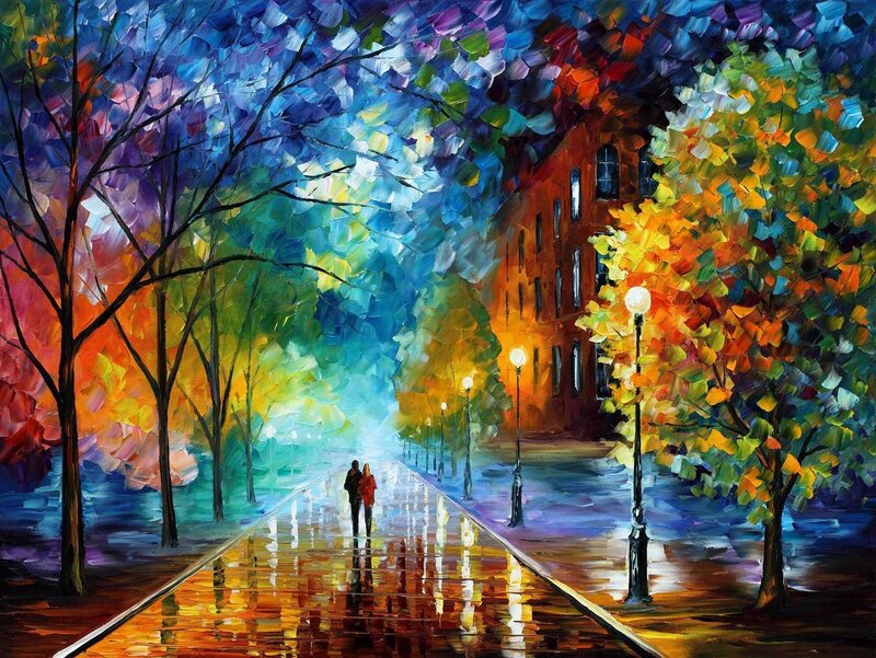 Couple walking on a colorful street