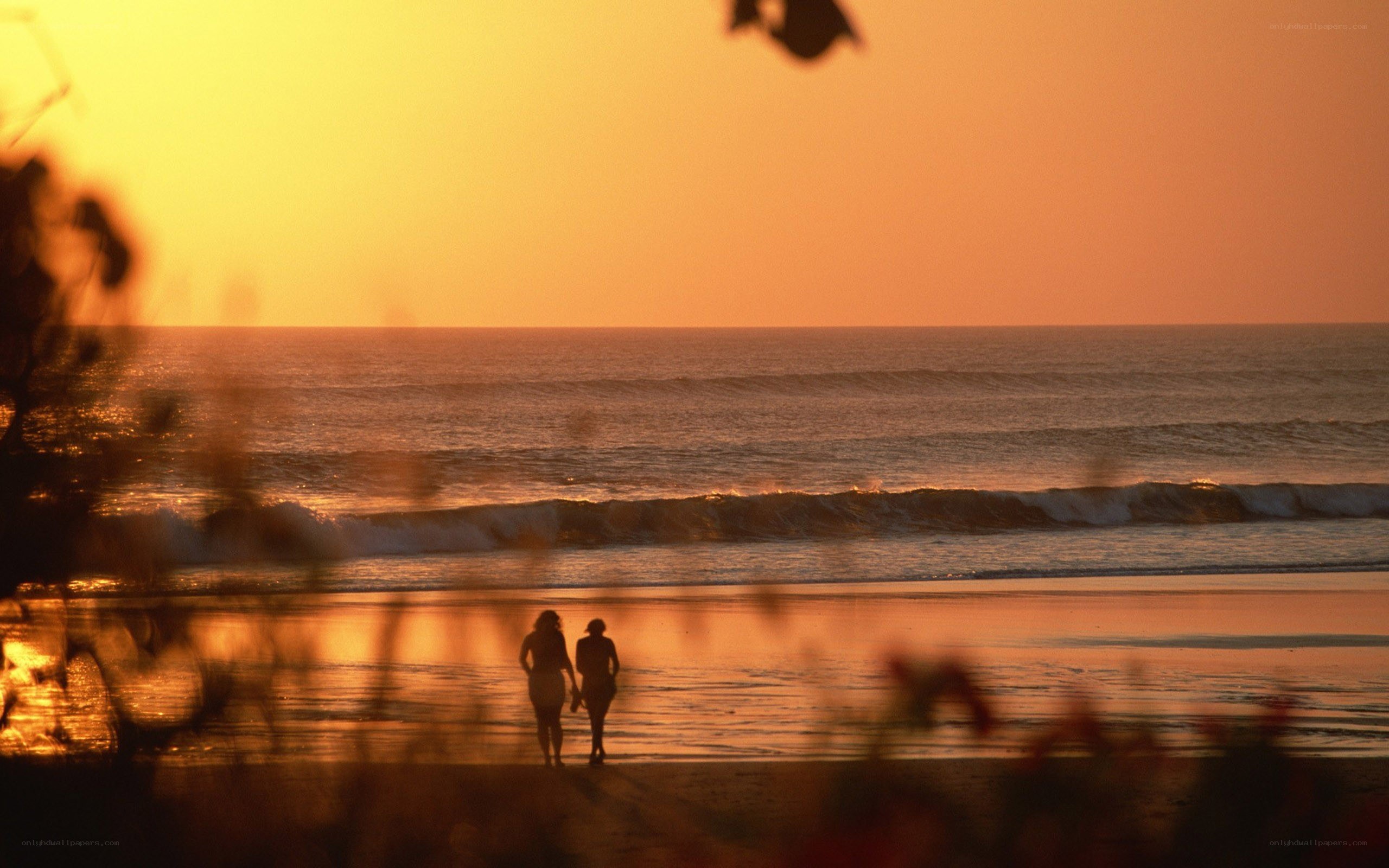 Couple walking on beach at sunset