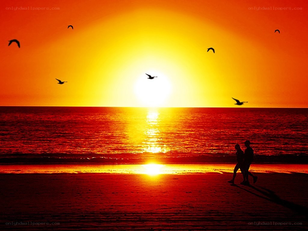 Couple walking on beach at sunset
