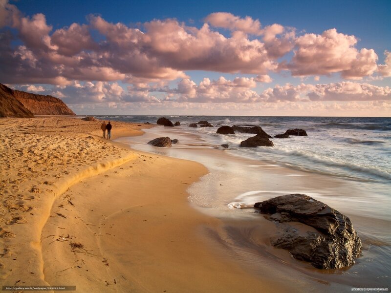 Couple Walking on Beach — Blue, Serene, Sunset, Photograph