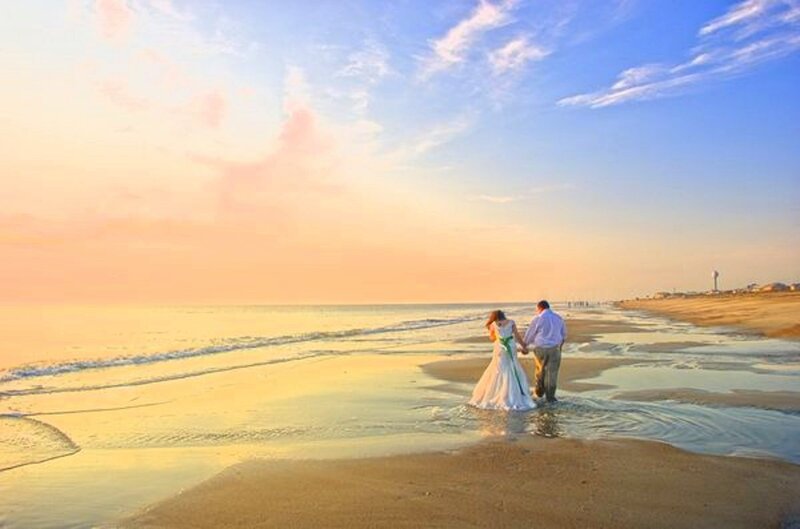 Couple Walking on Beach — Blue, Serene, Sunset