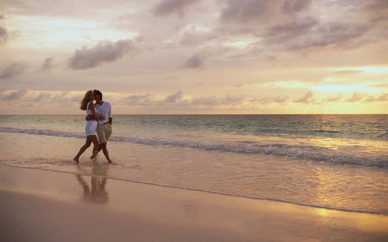 Couple Walking on Beach — Gold, Serene, Sunset