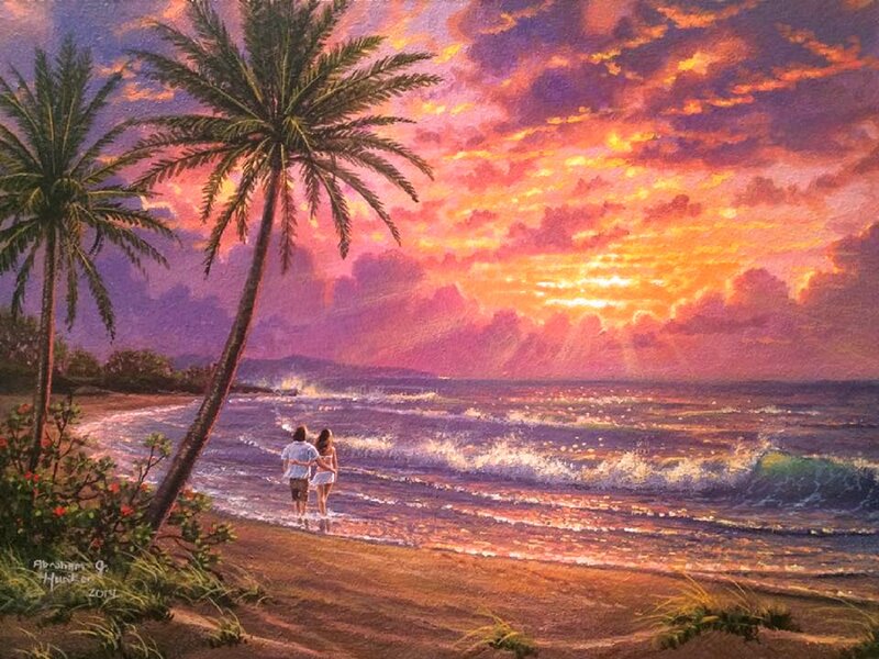 Couple Walking on Beach — Orange, Serene, Sunset, Painting