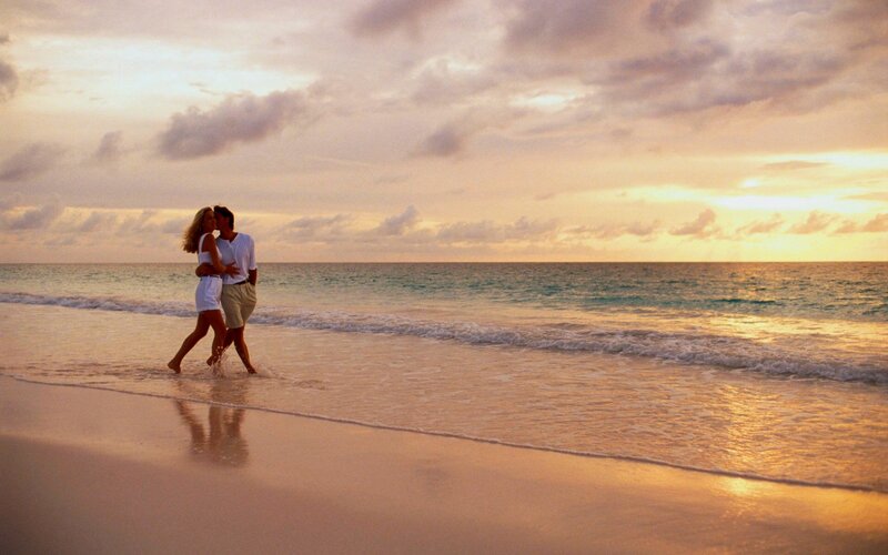 Couple Walking on Beach — Orange, Serene, Sunset