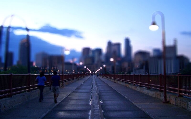 Couple Walking on Bridge — Blue