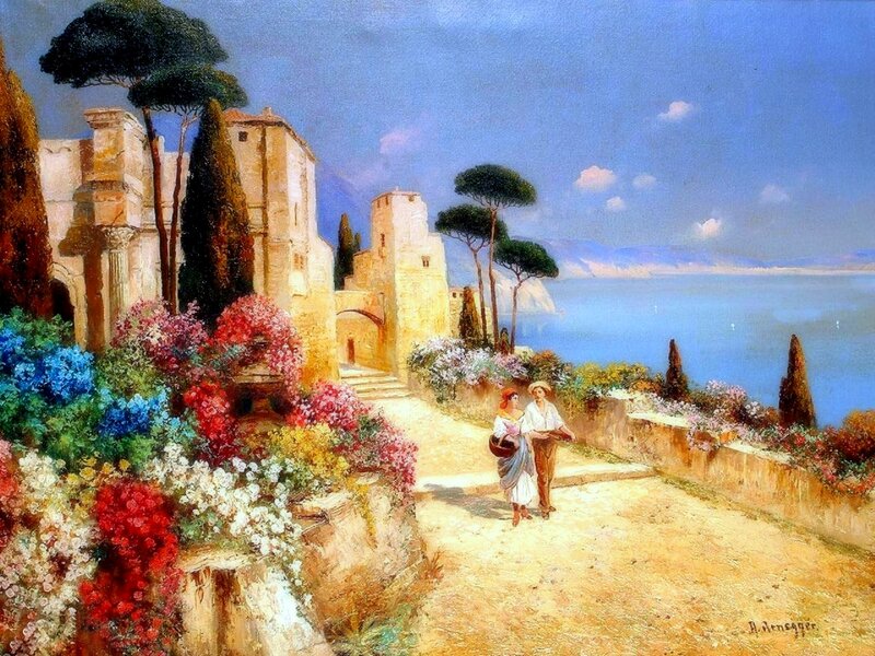 Couple Walking on Path — Blue, Serene
