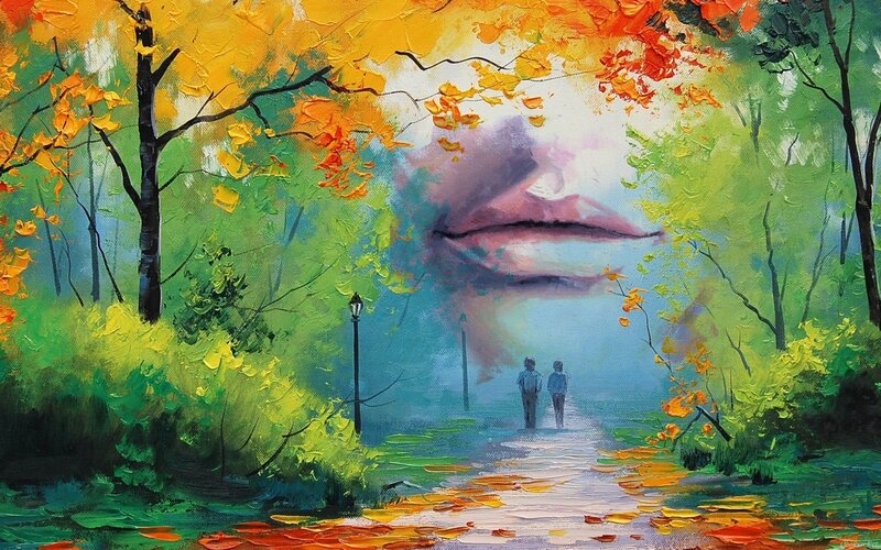 Couple Walking on Path — Green, Serene, Autumn, Painting