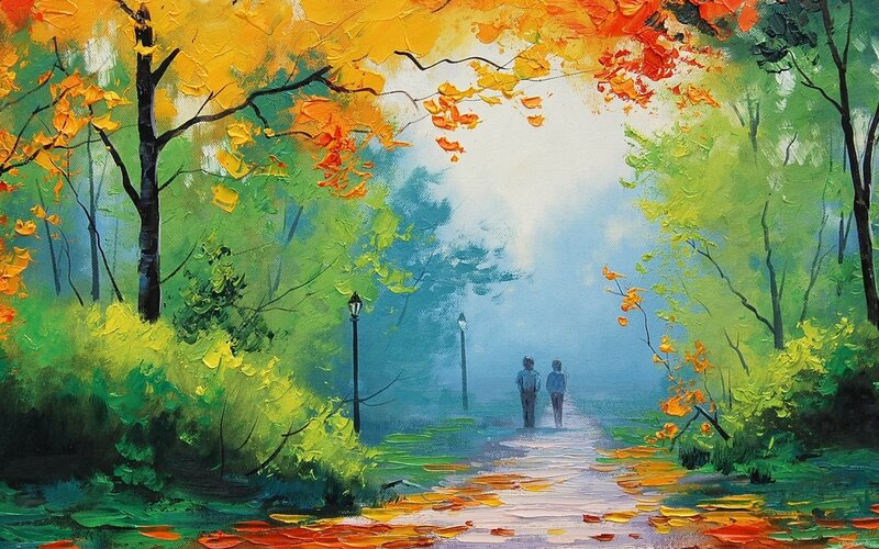 Couple Walking on Path — Green, Serene, Autumn
