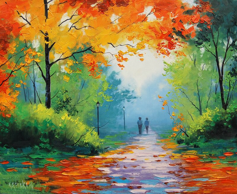 Couple Walking on Path — Orange, Serene, Autumn