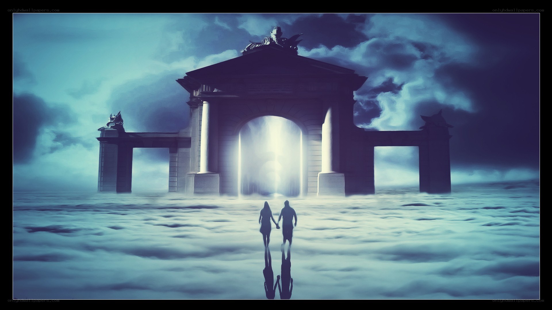Couple walking to a glowing arch