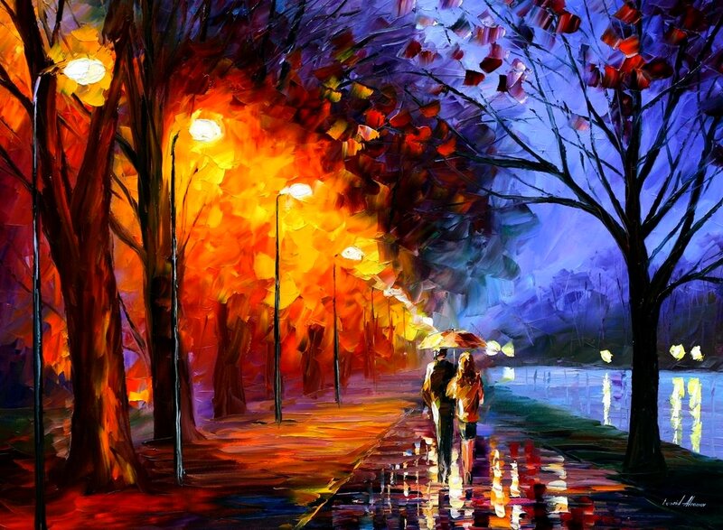 Couple Walking under Umbrella — Orange, Dramatic, Night