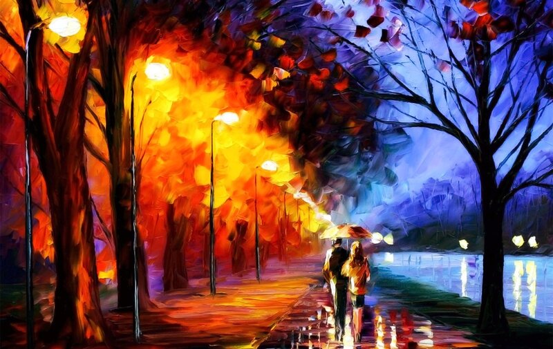 Couple Walking under Umbrella — Orange, Romantic, Night