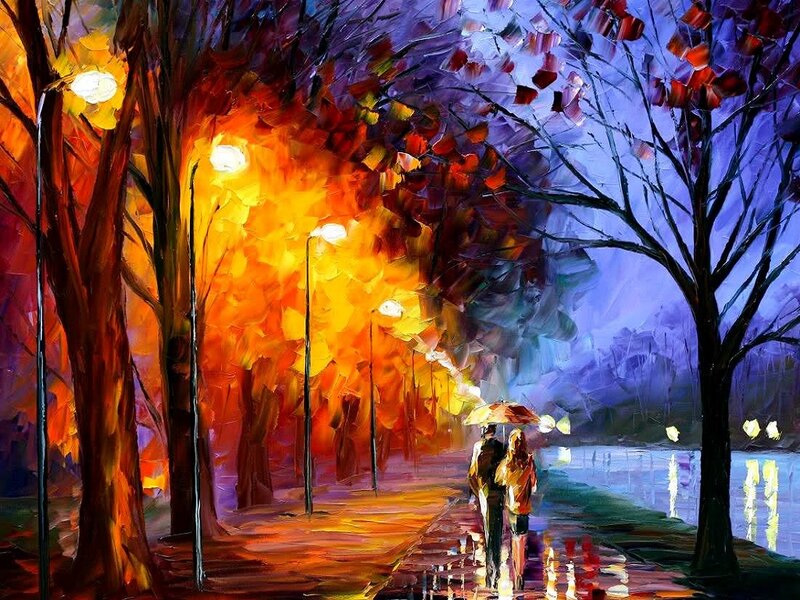 Couple Walking under Umbrella — Orange, Romantic