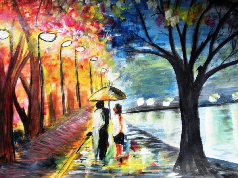Couple Walking under Umbrella — Red