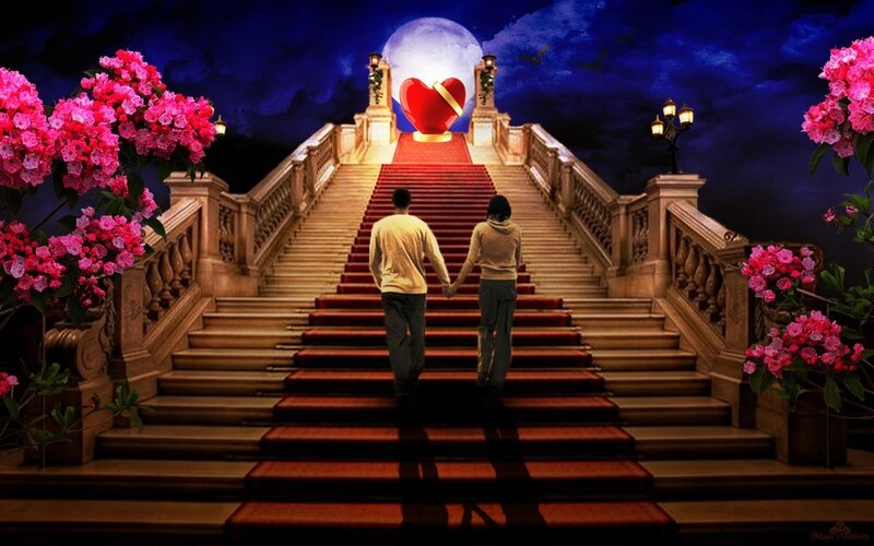 Couple walking up stairs to heart