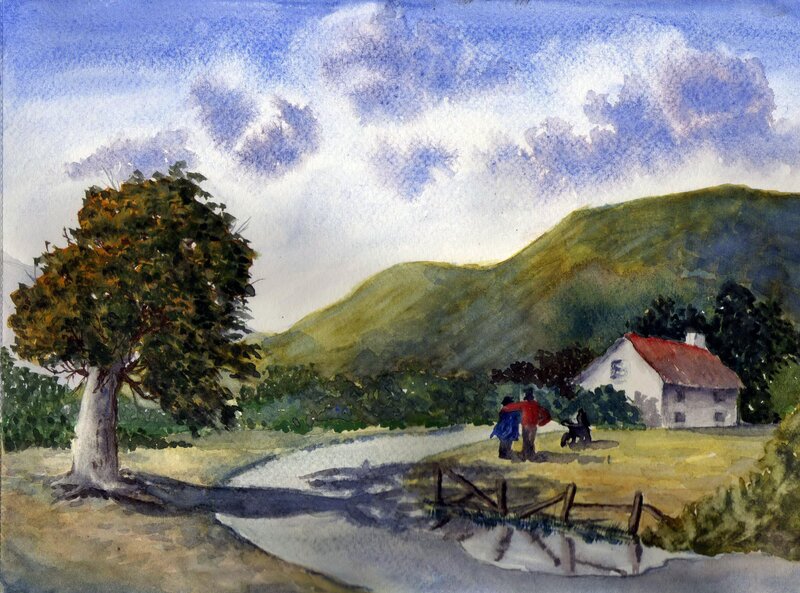 Couple Walking with Dog