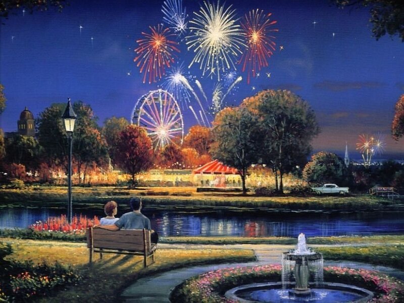 Couple watching fireworks at park