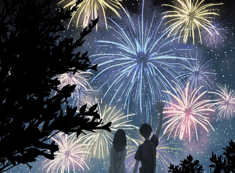 Couple Watching Fireworks — Blue, Celebratory