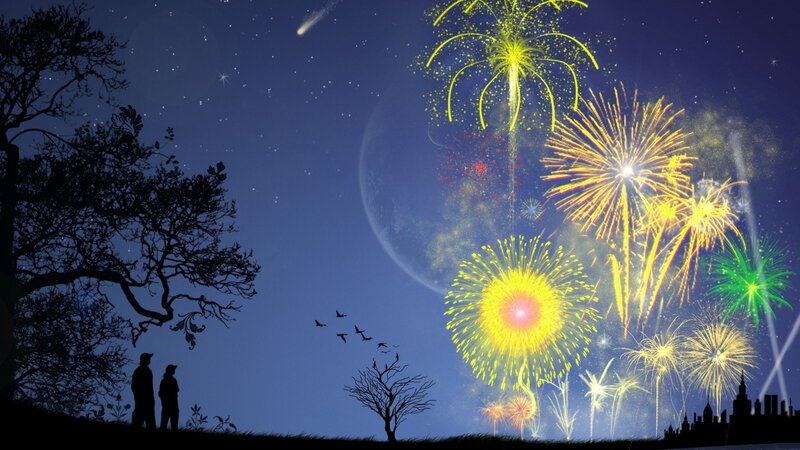 Couple Watching Fireworks — Blue