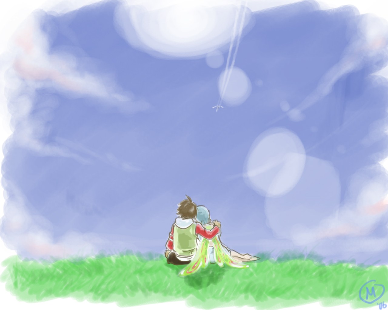 couple watching kite in sky