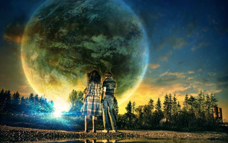 Couple Watching Planet — Blue, Dramatic