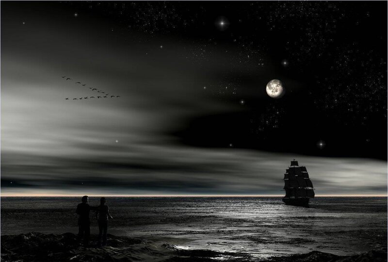 Couple watching ship at night