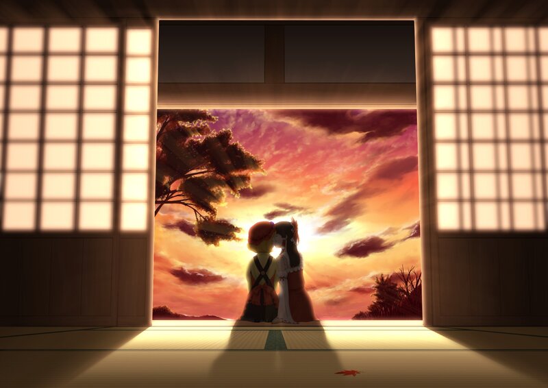 Couple watching sunset at temple