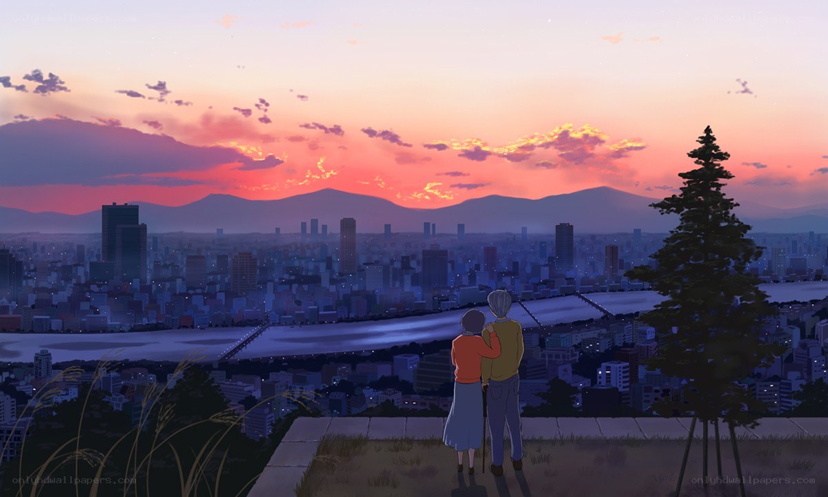 Couple watching sunset over city