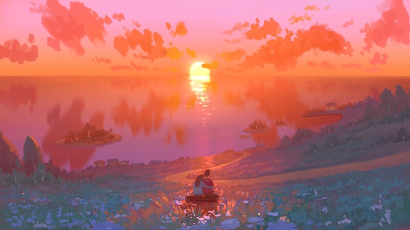 Couple Watching Sunset — Pink, Serene