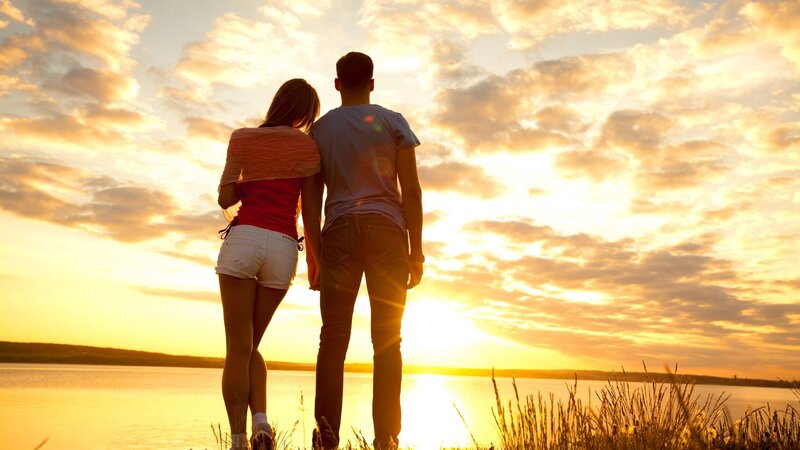 Couple Watching Sunset — Yellow, Serene, Photograph